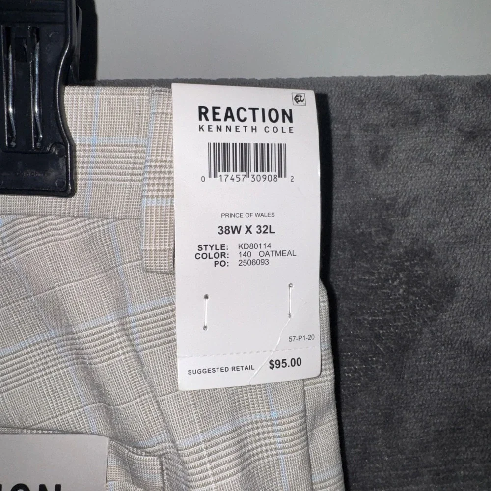 NWT Mens 38x32 Kenneth Cole Reaction Dress Pants Oatmeal Stretch Slim Fit Plaid